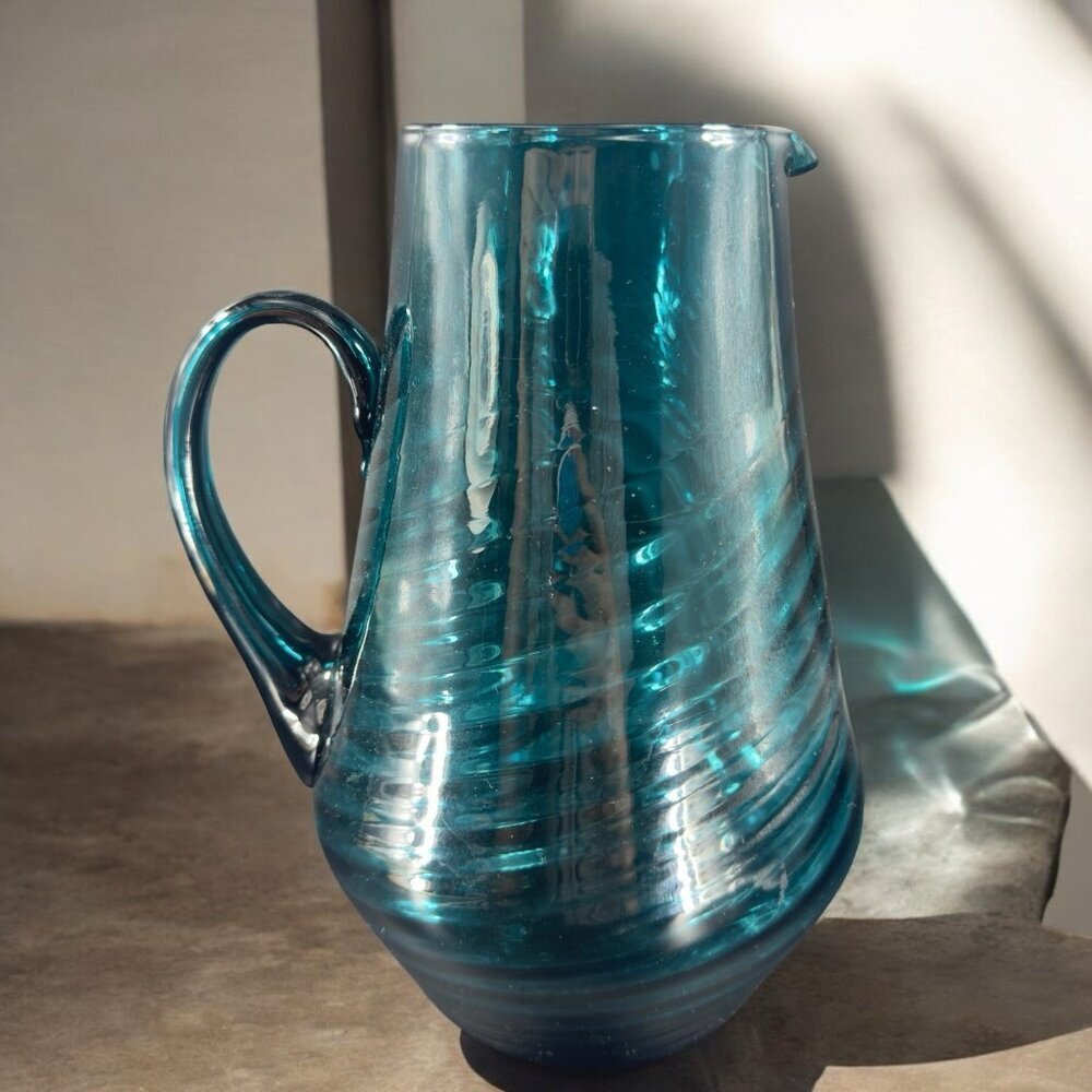 Vintage Venetian Empoli Glass Pitcher Carafe Jug Teal Blue Swirl Italian‎ Glass